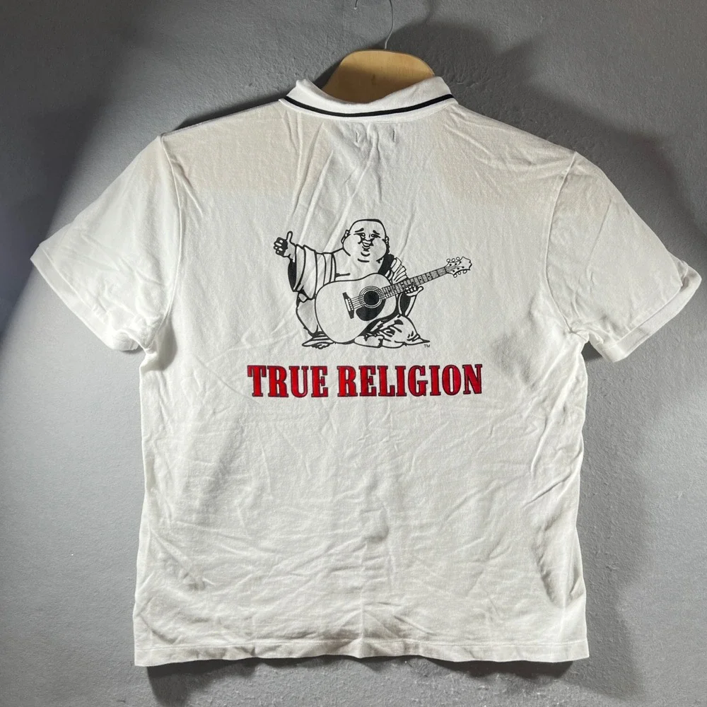 967 | True Religion Buddha Guitar Graphic Pique Polo Shirt White Mens XL